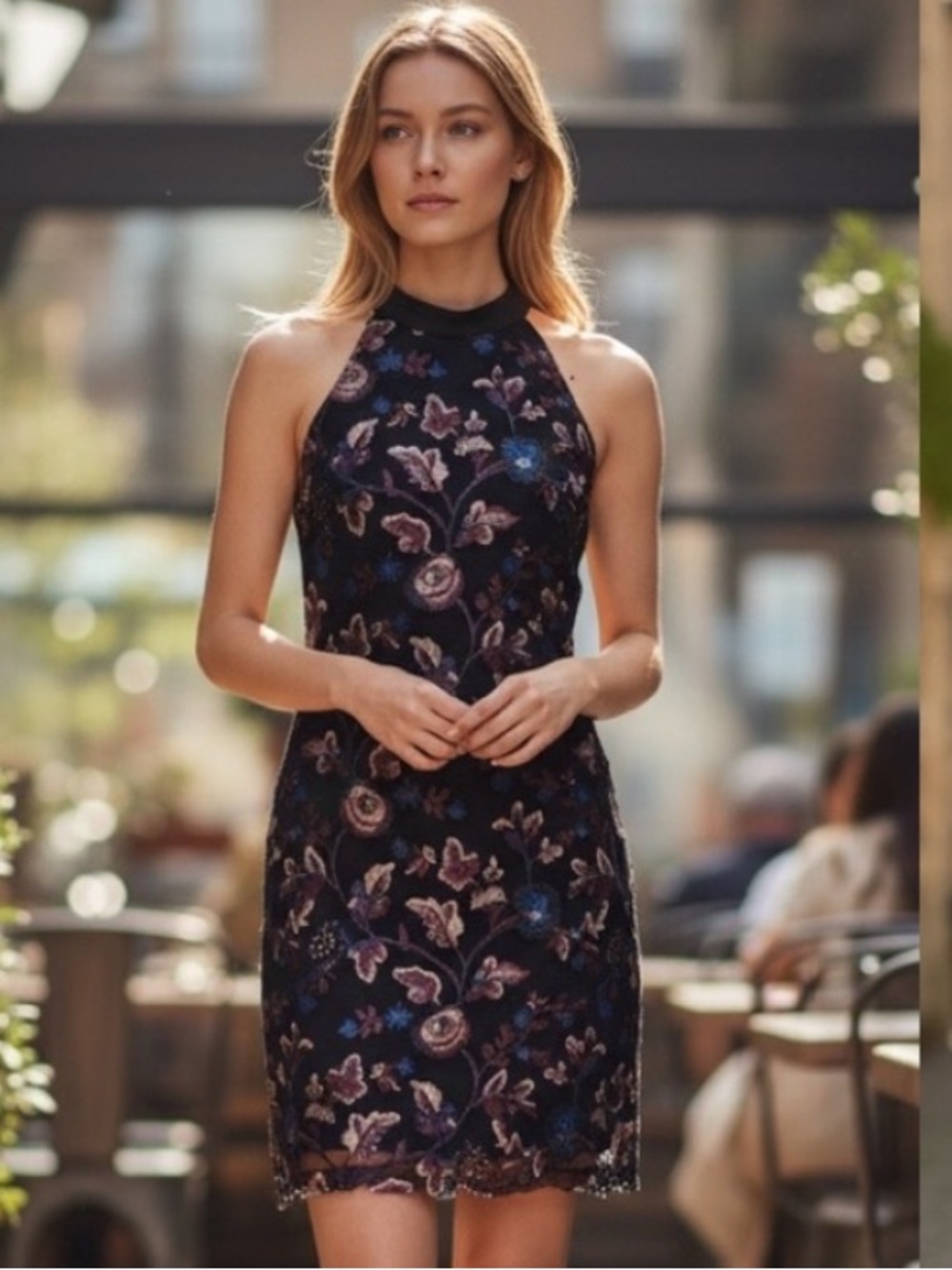Sam Edelman Floral Embroidered Tie Halter Dress Black NWT
